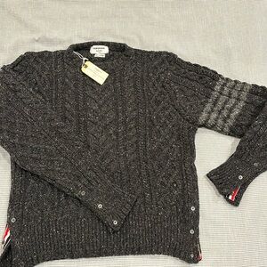 Brand new gray Thom Browne wool mens 4 bar sweater, size 4 (XL). Made in Ireland